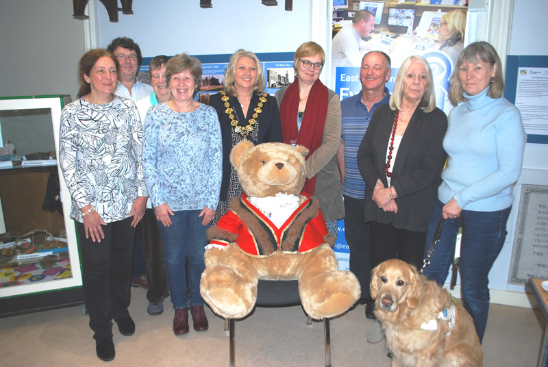 Donation of a large cuddly bear from the Congleton Lions with the Mayor of Congleton